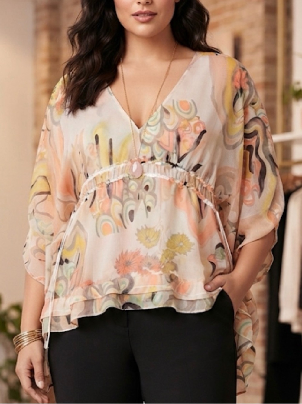 Lane Bryant White Multi V-Neck Watercolor Print Peasant Tunic 14/16